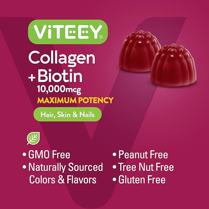 Viteey Collagen Gummies with Biotin Gummies for Hair Skin and Nails Vitamins - Biotin and Collagen Supplements for Women & Men - Gluten-Free – 120 Count