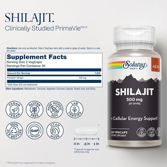 SOLARAY Shilajit 500 mg, PrimaVie (R) Himalayan Shilajit for Men, Adaptogenic Cellular Energy Support, Men’s Health Supplement, Vegan, Gluten Free, 60-Day Guarantee - 30 Servings, 60 VegCaps