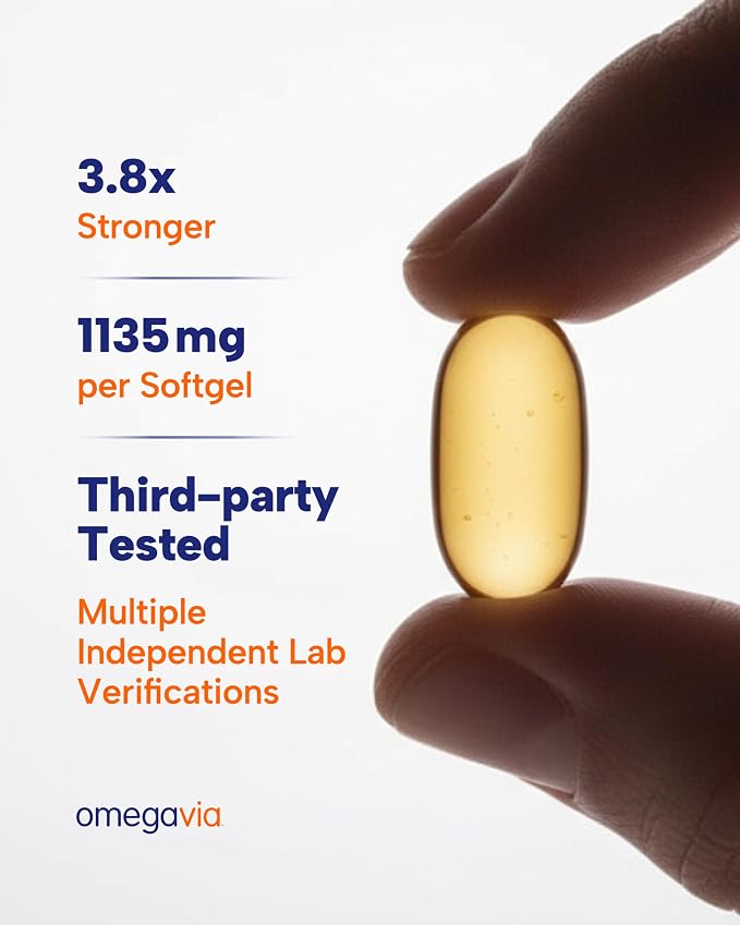 OmegaVia Ultra Concentrated Omega 3 Fish Oil Burpless, 60 Softgels, Triple Strength Omega 3 Fish Oil Supplements, 1135 mg Pure Omega3, No Fishy Burps, High EPA DHA DPA, IFOS 5-Star