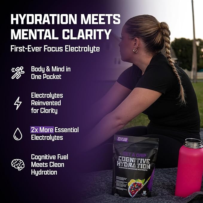 Get A Grip Electrolyte Powder Packets – Hydration & Mental Focus Support with Lion’s Mane & Cordyceps – Sugar-Free, Keto Electrolyte Drink Mix – 16 Count