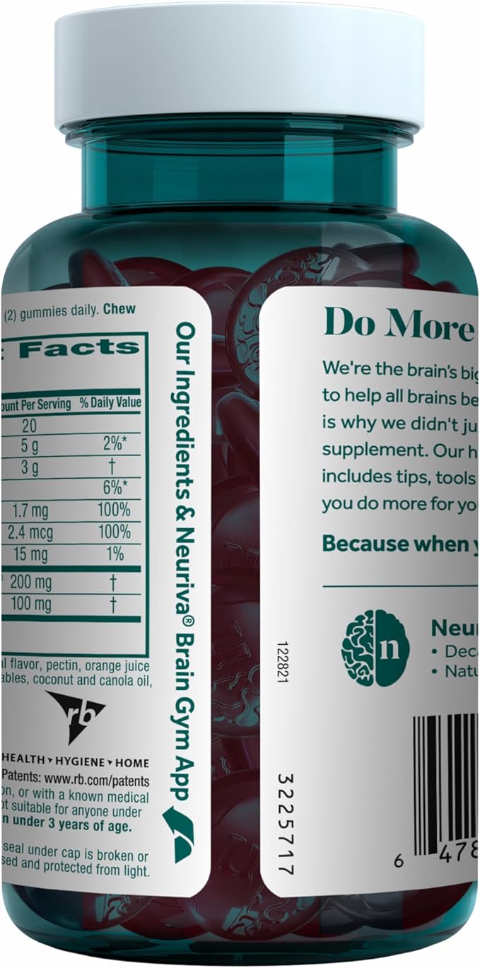 NEURIVA Plus Decaffeinated Nootropic Brain Supplement for Memory, Focus & Concentration & Cognitive Function, Clinically Tested NeuroFactor, Phosphatidylserine, Vitamins B6 B12,50ct Strawberry Gummies