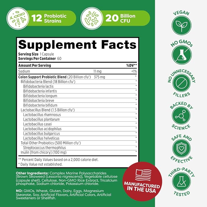 Probulin Colon Support Probiotic Supplement, Daily Gut, Digestive, and Immune Health Probiotics Capsules for Men and Women, 20 Billion CFU, Vegan, 60 Count Bottle
