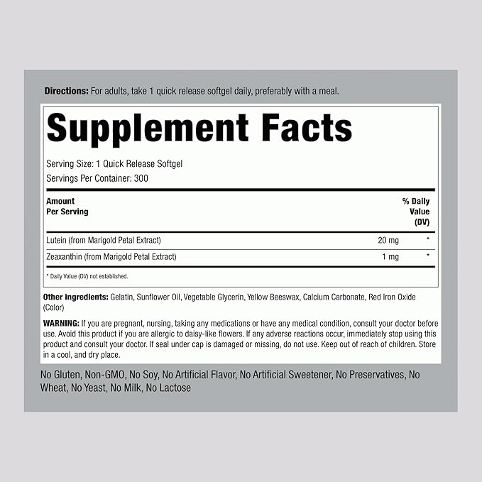 Piping Rock Lutein and Zeaxanthin Supplement | 20 mg | 300 Softgels | Eye Vitamin from Marigold Extract | Non-GMO, Gluten Free