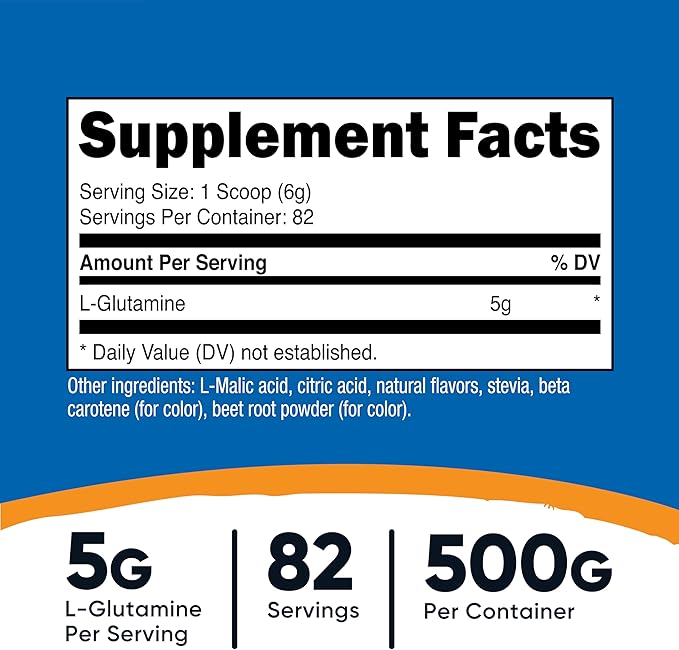 Nutricost L-Glutamine Powder Sweetened with Stevia (500 Grams, Peach Mango) - Supplement for Gut Support, 5 Grams of L-Glutamine Per Serving - Gluten Free, Non-GMO