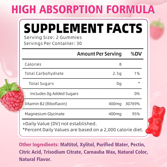 Vitamin B2 Gummies 400mg | Riboflavin Supplement with Magnesium for Kids & Adults, B2 Gummies for Migraine Relief, Nervous System & Skin Health, Vegan, Sugar-Free, Raspberry Flavor, 60 Count