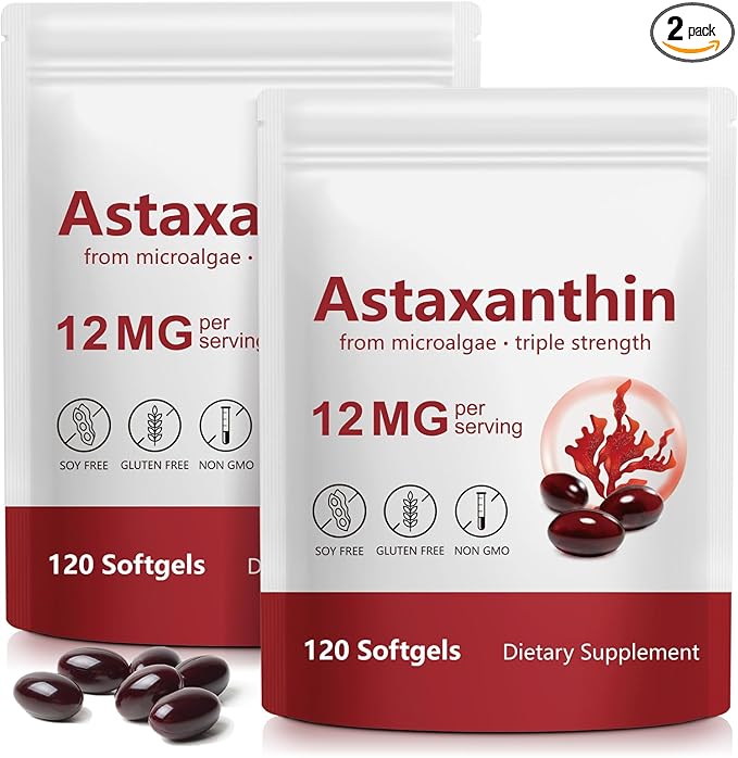 Tiuedu Astaxanthin 12mg, 120 Softgels, 4 Month Supply, Astaxanthin Antioxidant Supplements, Supports Eye, Joint, Internal Circulation, Skin Health- 2Package