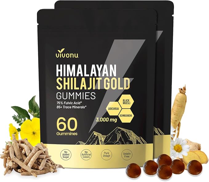 VivoNu Shilajit* Gummies,Pure Himalayan* micronutrient Supplement, Himalayan Premium Ingredient with Shilajit, Ashwagandha, Gokshura, Fulvic Acid & 85+ Trace Minerals I for Men & Women (3000MG/2 Bag)