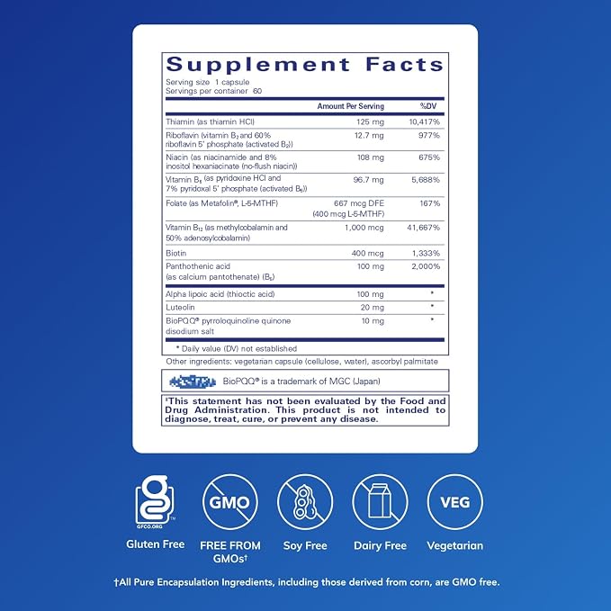 Pure Encapsulations Ultra B-Complex with PQQ | Vitamin B Supplement to Support Nerves, Cells, Methylation, and Mitochondrial Health* | 60 Capsules
