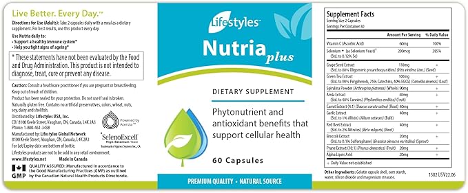 Lifestyles NutriaPlus Antioxidant Supplement - Herbal Immune Support & Multivitamin with Selenium, Vitamin C, Green Tea, Garlic, and More – Made in Canada – 60 Capsules (60 Capsules (Pack of 1))