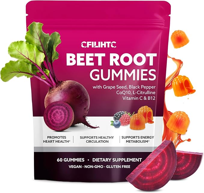 Beetroot Gummies - Beet Root for High Blood Pressure Supplements with Grape Seed Extract + CoQ10 + Black Pepper Extract + L-Citrulline + Vitamin C B12 Ultimate Heart for Blood Flow & Energy, 60 Count
