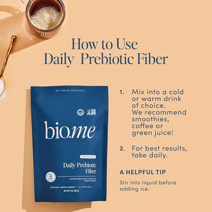 Bio.me Daily Prebiotic Fiber Powder Unflavored - 7g Per Serving - Soluble & Insoluble Fiber Supplement Powder for Women & Men - Digestive Health & Gut Health - GLP-1 Friendly, Sugar Free - 30 Servings