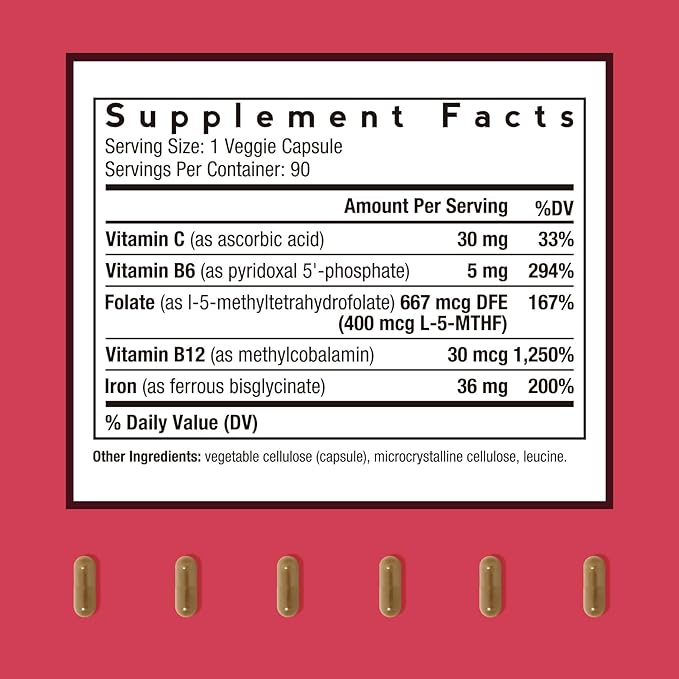Doctor's Recipes Iron Supplement for Women Men - Gentle Iron Bisglycinate with Vitamin C, B6, Folate & B12, Stomach Friendly Iron Pills, 90 Vegan Caps