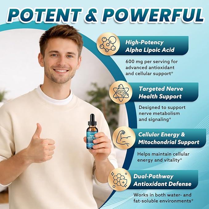 Liposomal Alpha Lipoic Acid Liquid Drops 600mg - Neuropathy Supplements Liquid for Nerve, Energy & Metabolic Support with Benfotiamine, Turmeric, Selenium & C, E & B12, Strawberry 2 Fl Oz