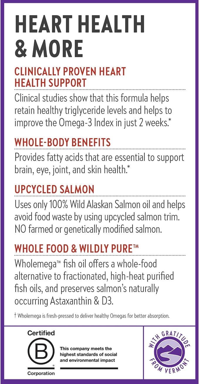 New Chapter Wholemega Fish Oil Supplement - 2000mg per Serving, Clinically Proven Wild Alaskan Salmon Oil with Omega-3 + Vitamin D3 + Astaxanthin, 120 Softgels