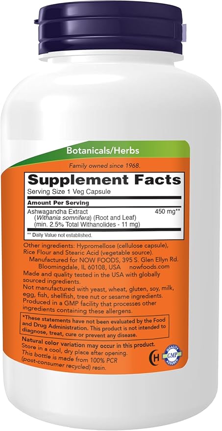 NOW Foods Ashwagandha Extract 450 mg Vegan, Kosher, Non-GMO - 240 Veg Capsules, (Pack of 2)
