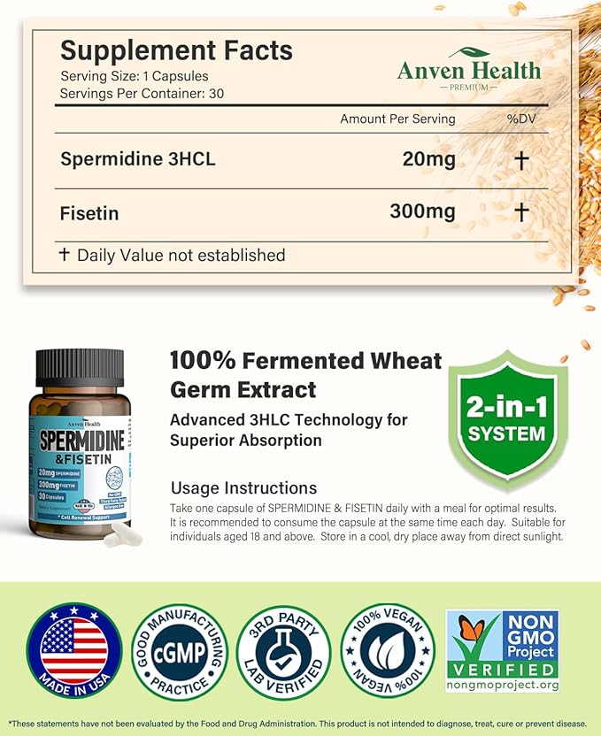 Spermidine & Fisetin Supplement - 20mg of 99% Spermidine Per Serving, 3HCL & 300mg Fisetin for Women Men Cell Renewal, Aging Defense & Longevity, Gluten Free, Non-GMO, Made in USA | 30 Veggie Caps
