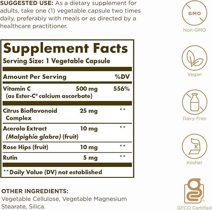 Solgar Ester-C Plus 500 mg Vitamin C (Ascorbate Complex) - 100 Vegetable Capsules, Pack of 2 - Antioxidant & Immune Support - Non GMO, Vegan, Gluten Free, Kosher - 200 Total Servings