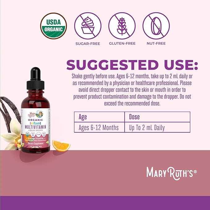 MARYRUTH'S Organics Multivitamin with Iron for Infants | USDA Organic | Liquid Drops for Babies 6-12 Months | Immune Support & Overall Wellness | Vegan | Non-GMO | Gluten Free | 2 Fl Oz