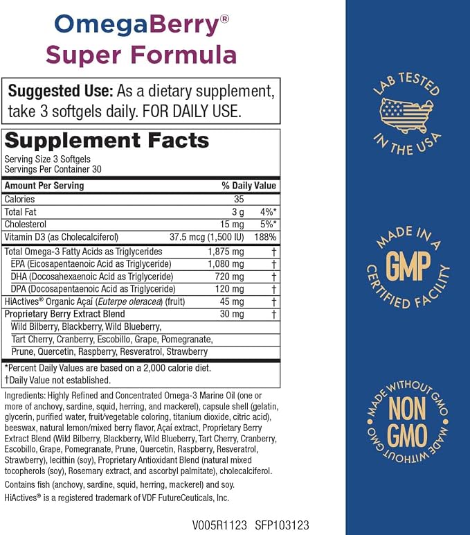 Purity Products OmegaBerry Fish Oil w/Vitamin D3 + Organic Acai Super Formula - 1875 mg of Concentrated, Molecularly Distilled, Ultra Pure Omega-3s 1080 mg EPA + 720mg DHA + 120 mg DPA - 90 Count