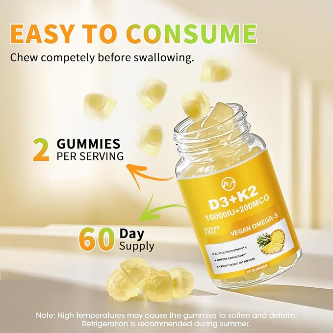 M inch Vitamin D3 K2 Gummies, Vitamin D3 10000IU, K2 (MK-7) 200mcg, 6-in-1 Vitamina D3 con K2 Supplement with Omega-3 for Women and Men - Bones, Teeth & Immune Support, Sugar Free, 2 Pack