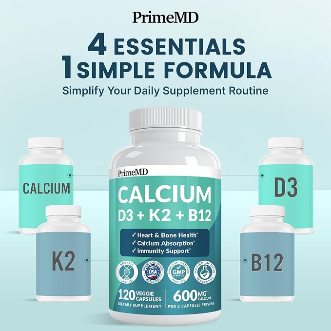 4-in-1 Calcium Supplements for Women and Men - Calcium with Vitamin D3 K2 5000 IU Supplement, 601mg per Serving for Heart, Bones & Body Defenses - Gluten-Free, Vegan-Friendly (240 ct)