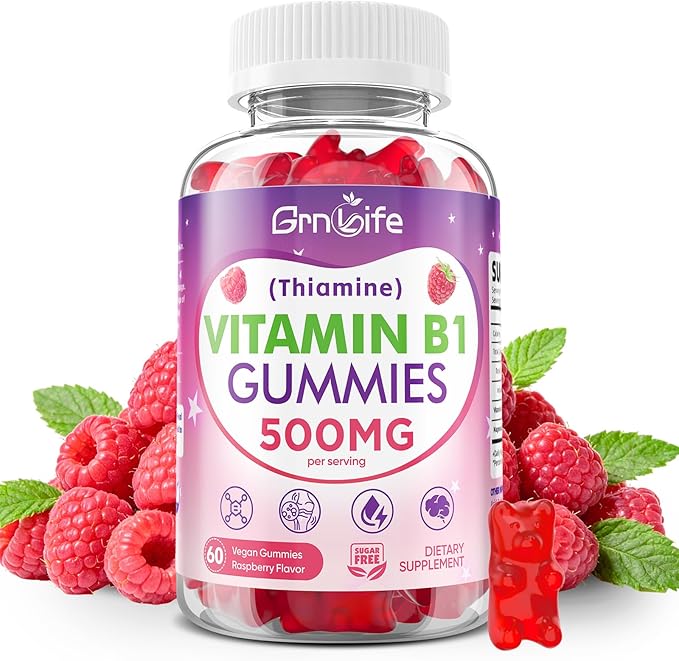 Vitamin B1 Gummies 500mg for Adults & Kids – High Potency Thiamine B1 Supplement for Energy & Nervous System Support, Sugar-Free, Raspberry Flavor, 60 Count