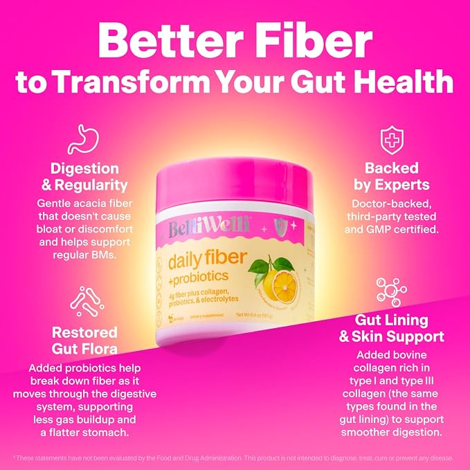 BelliWelli Fiber Supplement for Women & Men - Premium Daily Fiber Powder from Organic Acacia with Added Collagen, Electrolytes & Probiotics-No Bloat, Constipation & Gut Health Support (Yuzu Mandarin)