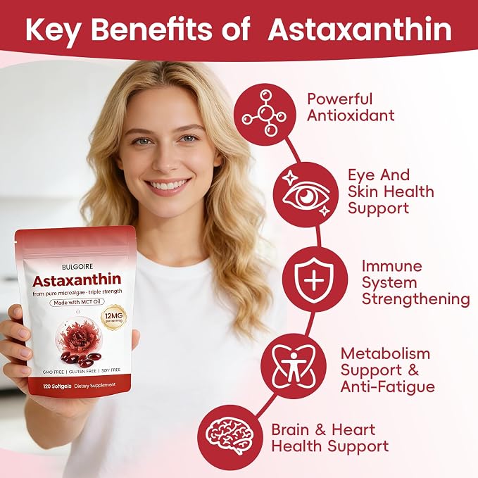 Astaxanthin 12mg with MCT Oil – 120 Softgels, Premium Astaxanthin Organic Supplements, for Kidneys, Eyes & Skin, Natural Microalgae Source, Triple Strength, Non-GMO & Gluten Free (Pack of 1)