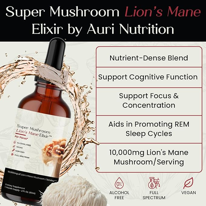 Auri Nutrition Lion’s Mane Liquid Elixir - Brain Supplements for Memory and Focus with Functional Mushrooms - Lions Mane Supplement, Full Spectrum Lion's Mane Extract - No GMO, Vegan Mushroom Tincture