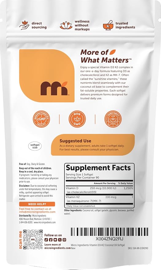 Micro Ingredients Vitamin D3 10,000 IU + K2 MK-7 200 mcg Per Serving, 90 Softgels | Extra Strength* 2-in-1 D3 K2 Supplement | Easy-to-Swallow Softgels Made with Coconut Oil | Non-GMO, Gluten Free