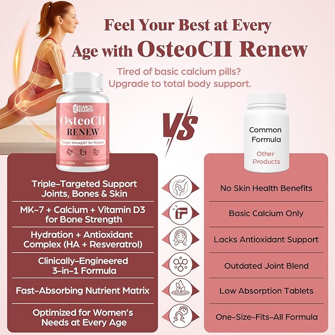 Joint Supplements for Women OsteoCII Renew Triple Strength – Advanced Joint, Bone & Skin Formula – Collagen, Glucosamine, Chondroitin, Calcium, MK-7, Vitamin D3, Hyaluronic Acid, 360 Tablets