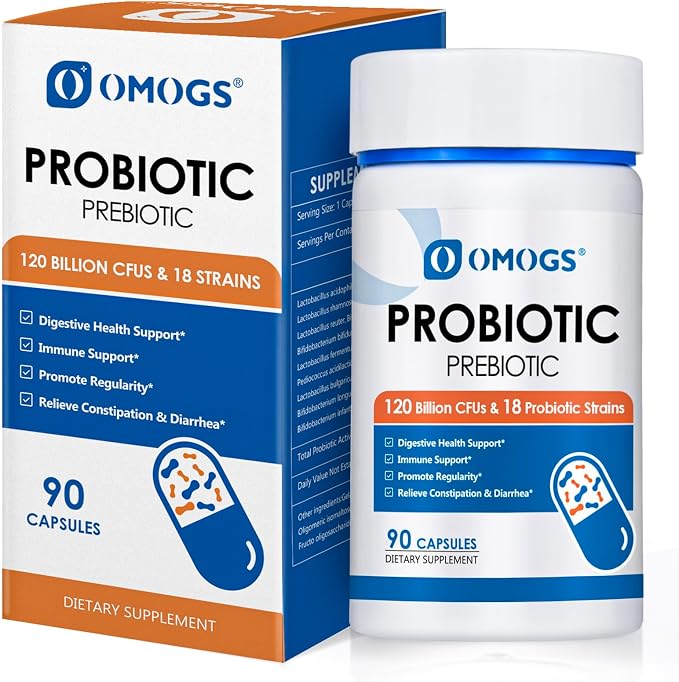 OMOGS Probiotics 120 Billion CFUs 18 Strains, 3 Prebiotics & Digestive Enzymes, Helps Digestive, Gut Health, Immune, Supports Occasional Constipation, Diarrhea & Gas - for Women & Men, 90 Capsules