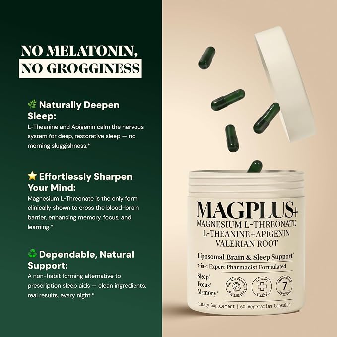 Magnesium L-Threonate with Apigenin, Valerian Root & L-Theanine – No Melatonin Restful Sleep & Brain Supplement – Clinically Studied 7-Ingredient Formula – Memory & Focus – 60 Capsules