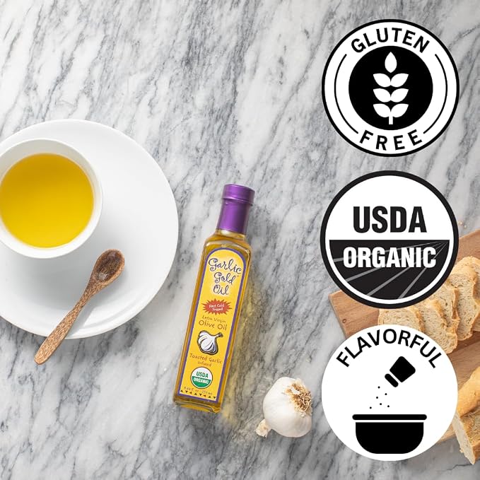Garlic Gold Extra Virgin Olive Oil Infused with Garlic, Premium Certified USDA Organic, Low FODMAP, Cold Pressed (32 Fl Oz, 1 Pack)