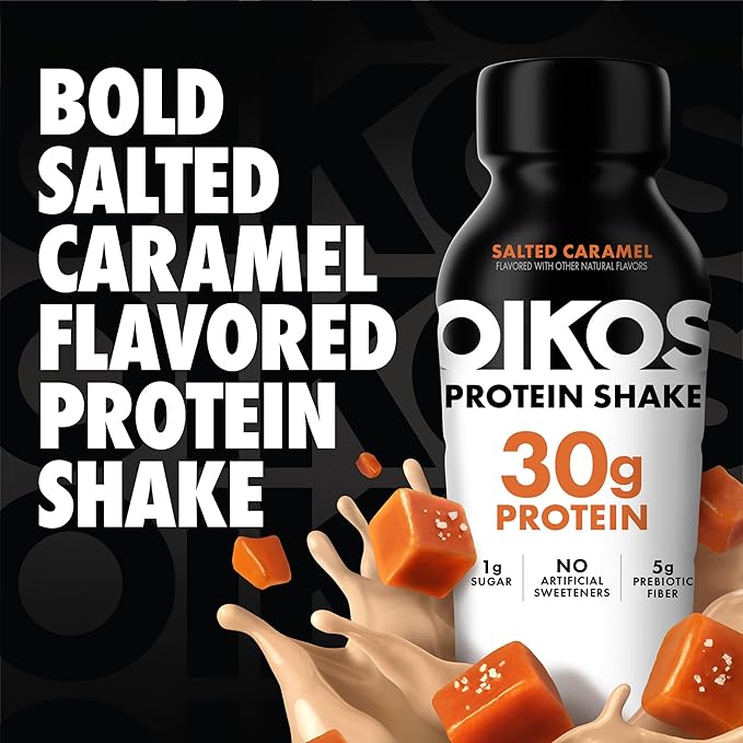 Oikos Protein Shake, Salted Caramel, 30g High Protein Drinks, Shelf Stable, Ready to Drink, 5g Prebiotic Fiber, 12 fl oz Bottle,(Pack of 24)