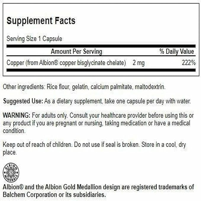 Swanson Albion Chelated Copper 2 Milligrams 60 Capsules