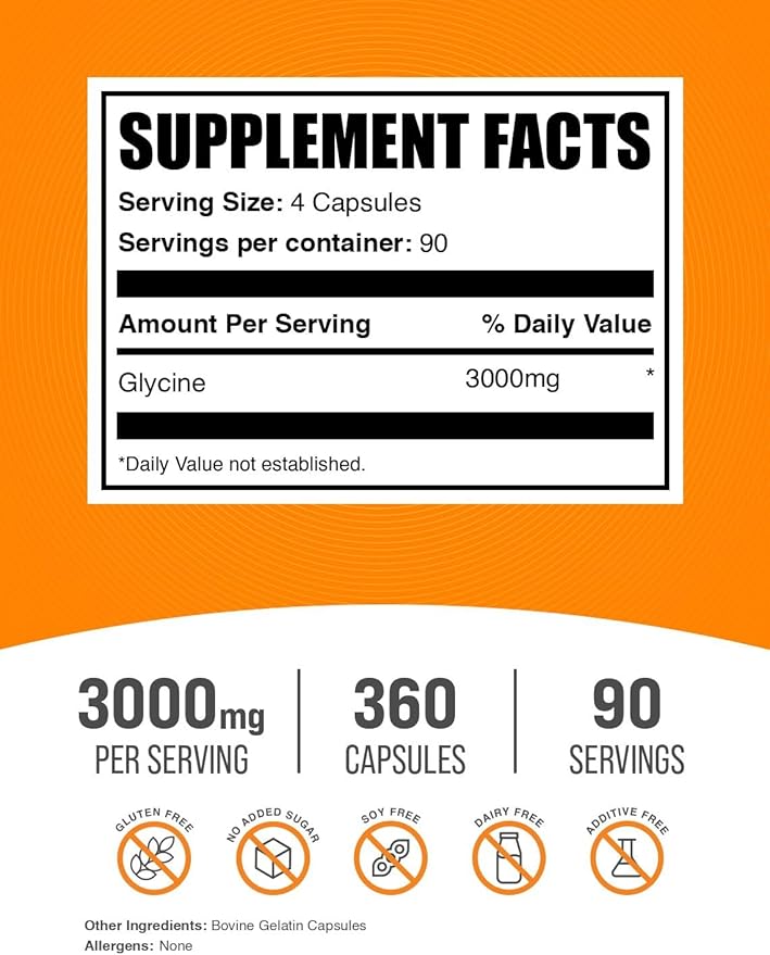 BulkSupplements.com Glycine Capsules - Glycine Supplements, Amino Acid Supplement - Gluten Free, 4 Capsules per Serving, 360 Count (Pack of 1)