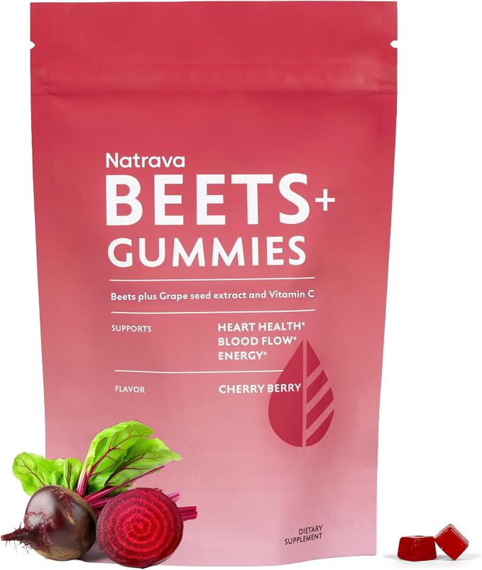 Natrava Beets+ Gummies - Premium Beet Root Powder, Grape Seed Extract and Vitamin C - Supports Healthy Blood Pressure and Heart Health - Low Sugar Nitric Oxide and Circulation Supplement - 50 Gummies