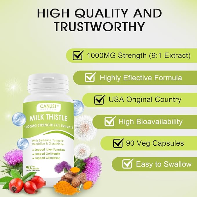 Milk Thistle Capsules 1000mg, Potent 9:1 Extract, Liver Health Support, Detox & Cleanse, Antioxidant & Gut Health, Non-GMO, Gluten-Free, 90 Capsules