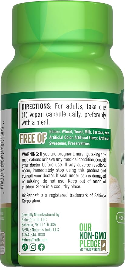 Nature's Truth Lions Mane Supplement Capsules | 50 Count | with BioPerine | Vegan, Non GMO & Gluten Free Extract Formula