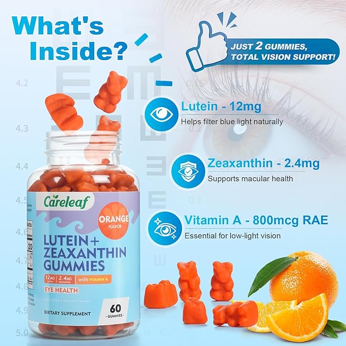 Vegan Lutein and Zeaxanthin Supplements, Lutein for Eyes with Zeaxanthin & Vitamin A, Lutein Gummies for Dry Eye Relief & Clear Vision, Eye Vitamins for Seniors & Kid, 60 Count, Orange Flavor