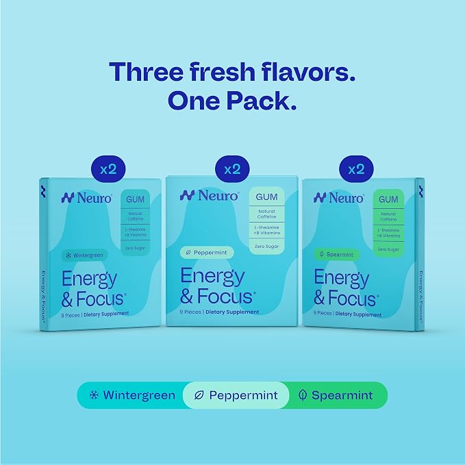 Neuro Variety Pack Gum - Energy & Focus Gum (Peppermint, Spearmint, Wintergreen) - Nootropic Supplement with Natural Caffeine + L-Theanine for Brain Health - Sugar Free, Vegan - 54 ct, 6 Pack