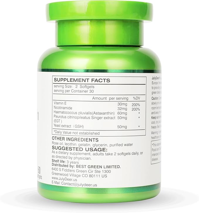 JulyDeer 2 Bottles Astaxanthin 6 mg with Nicotinamide Vitamin E Premium Antioxidant Supplement EGT GSH - for Skin, Eye, Joint & Immune System Health Cell Health & Energy丨5 in 1-120 Softgels