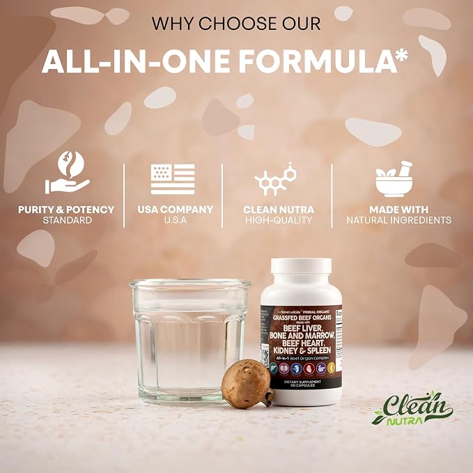 Clean Nutraceuticals Grass Fed Beef Liver Capsules - Premium Quality Supplement Packed with Desiccated, Beef Heart, Spleen, Pancreas Plus Bone & Marrow Dao Enzyme Pills