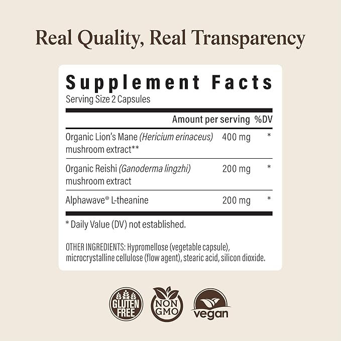 Real Mushrooms Lion’s Mane Calm Capsules (90 Count) – 400mg Organic Lions Mane Fruiting Body Extracts, 200mg Organic Reishi, 200mg AlphaWave L-Theanine for Calm Clarity & Relaxed Alertness, 90ct