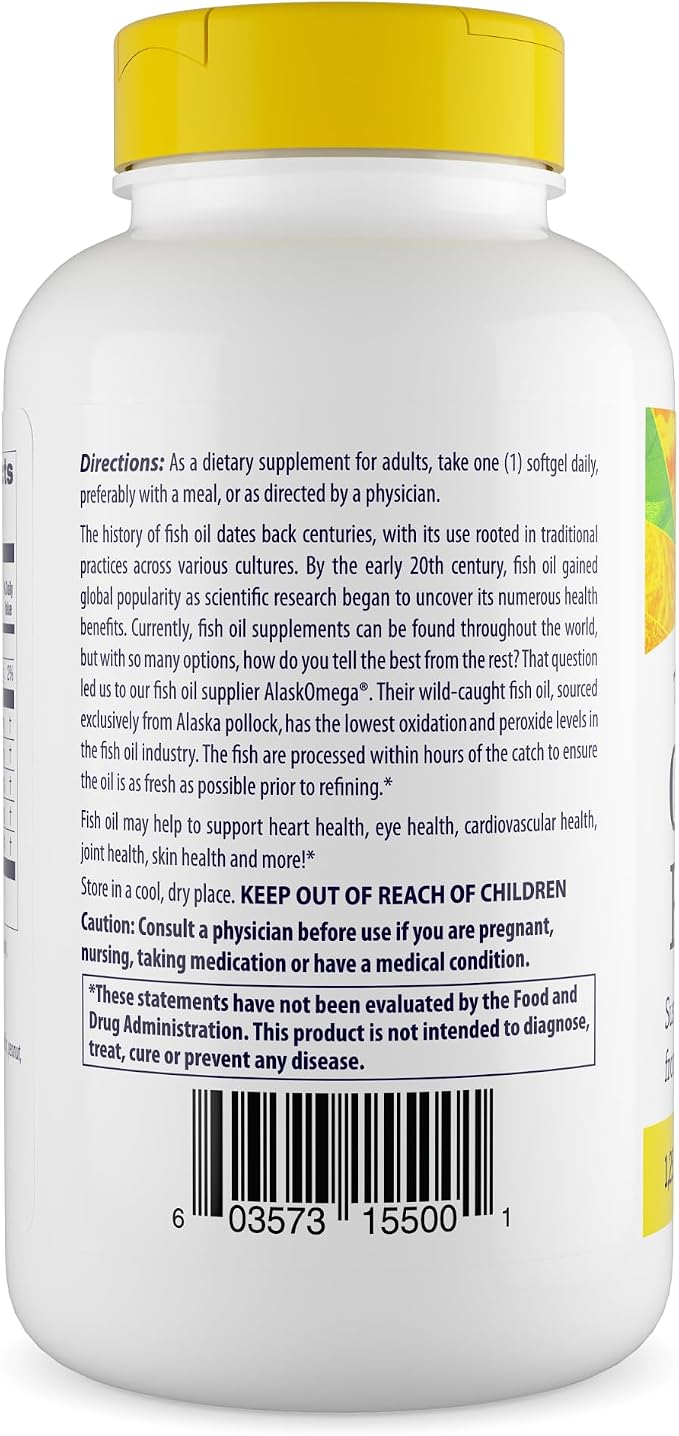 Healthy Origins Triple Strength Omega 3 Fish Oil 1250mg from Wild Alaska Pollock, with DHA, EPA & Omega 3s, Gluten-Free Non-GMO 180 Softgels