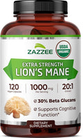Zazzee USDA Organic Lion's Mane 20:1 Extract, 1000 mg Per Serving, 30% Beta Glucans, 120 Vegan Capsules, Nootropic for Brain Health, Focus, Memory & Immune Support, All-Natural, Non-GMO, Made in USA