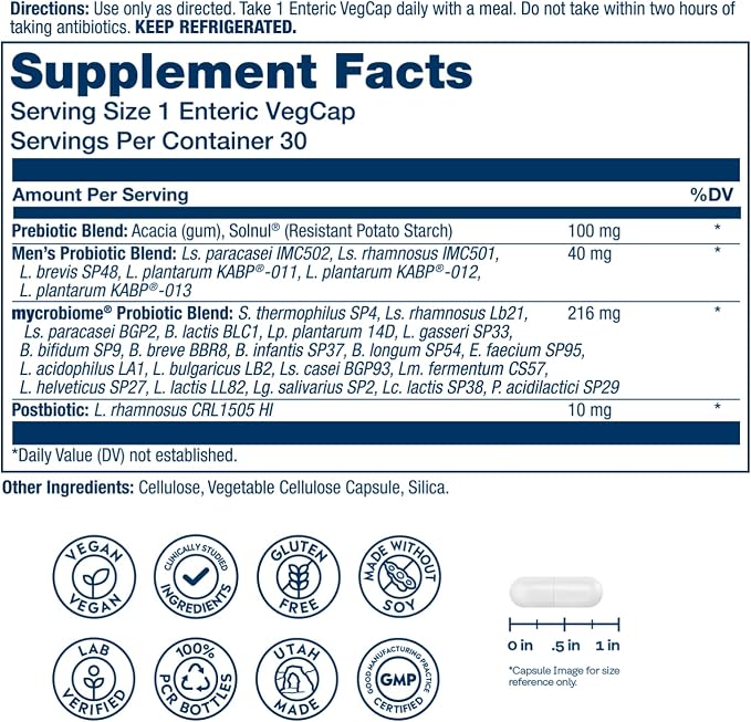 SOLARAY Mycrobiome Complete Probiotic Men's Formula - Pre and Probiotics for Men Plus Postbiotic - Digestive Health and Immune Support - 50 Billion CFU, 26 Strains - Vegan - 30 Servings, 30 VegCaps
