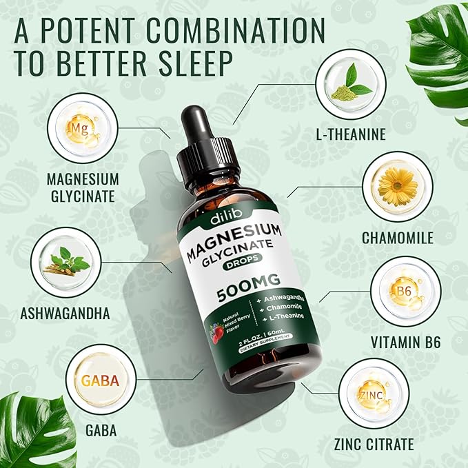 Magnesium Glycinate Liquid Drops Supplement, with Magnesium Glycinate 500mg Ashwagandha, L - Theanine, Chamomile -Support Stress Relief, Bone, Muscle, Mood Mixed Berry Flavor