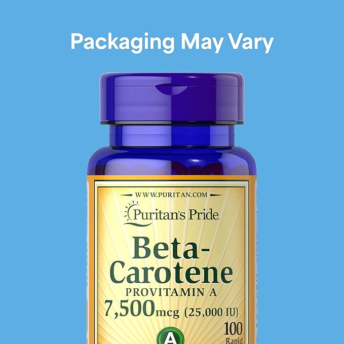 Puritan's Pride Beta Carotene Provitamin A 7,500mcg (25,000 IU), Vitamin Supplement for Immune System, Antioxidant and Eye Health Support, 100 Day Supply, 100 Rapid Release Softgels